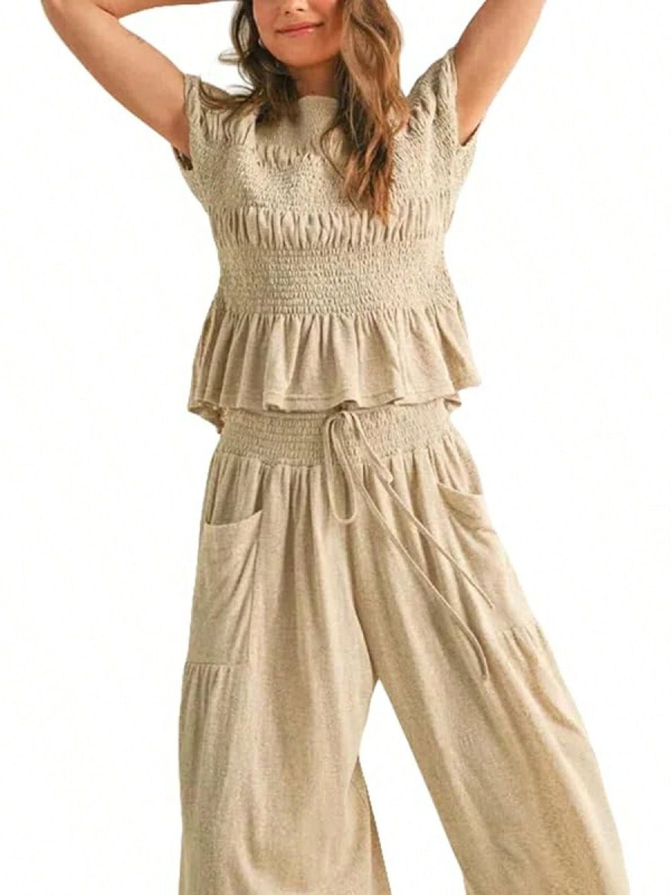 Summer Women’s Two-Piece Smocked Top with Wide-Leg Pants Casual Set