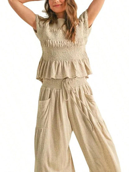 Summer Women’s Two-Piece Smocked Top with Wide-Leg Pants Casual Set