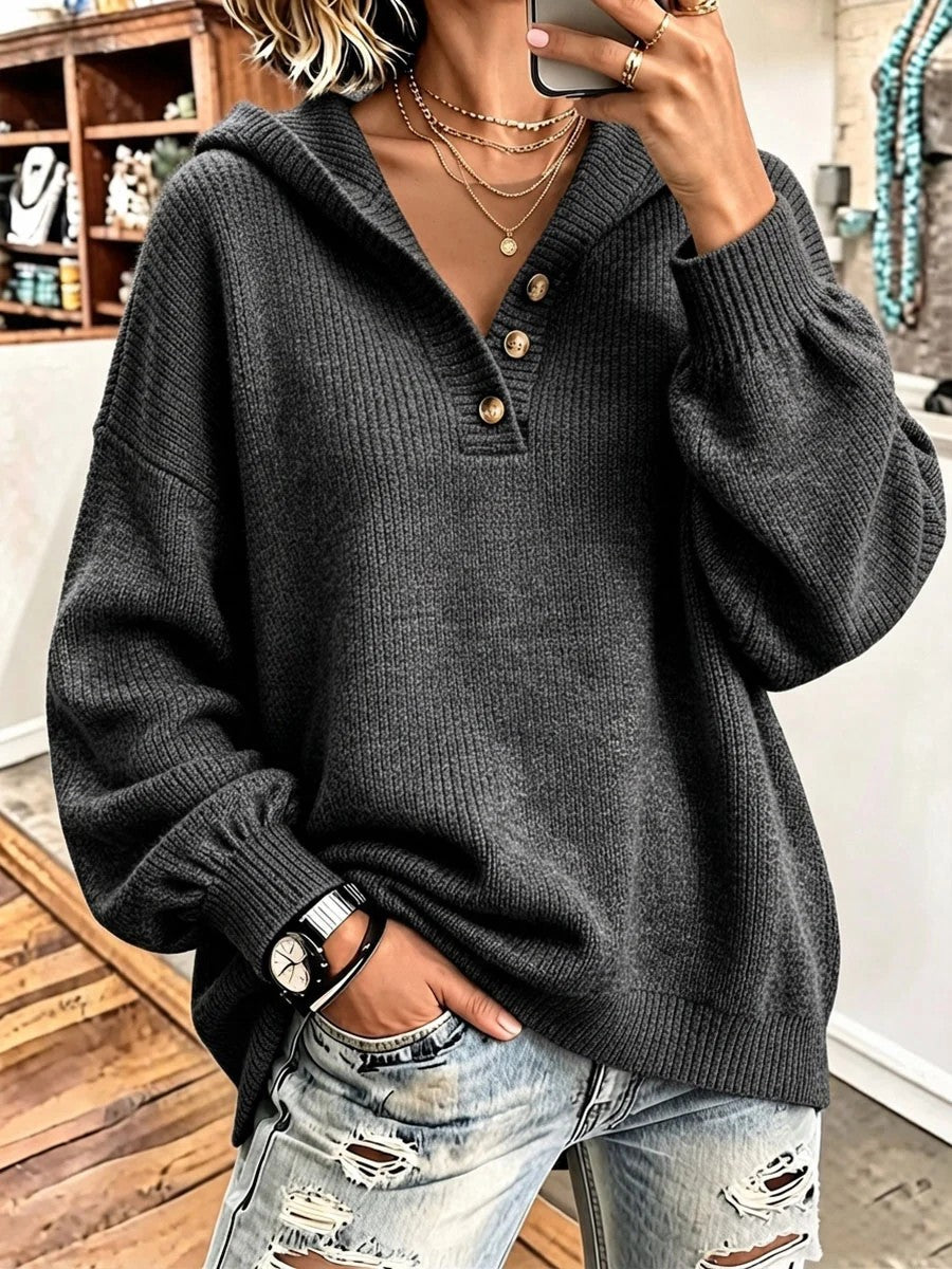 Women's Oversized Hooded Knit Button Sweater
