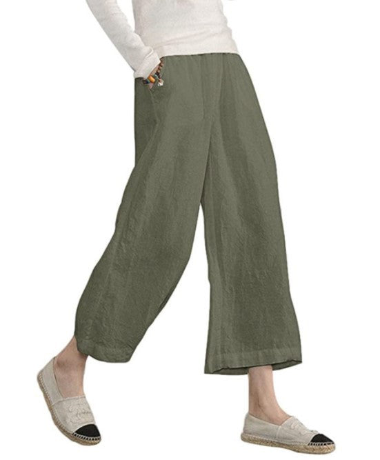 Women's Linen Cotton Wide Leg Cropped Pants Relaxed Fit