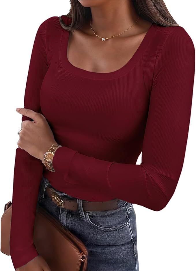 Women's Ribbed Fitted Long Sleeve Scoop Neck Stretch Top