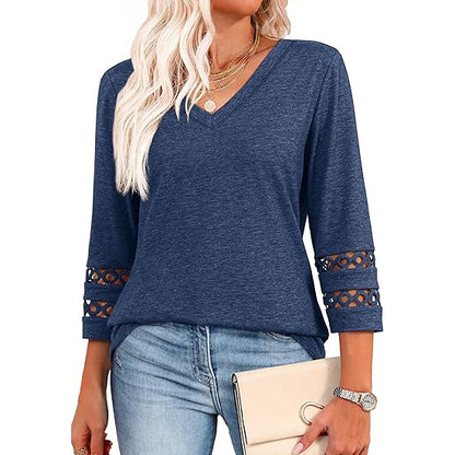 White V-Neck Lace Sleeve Casual Knit Top for Women