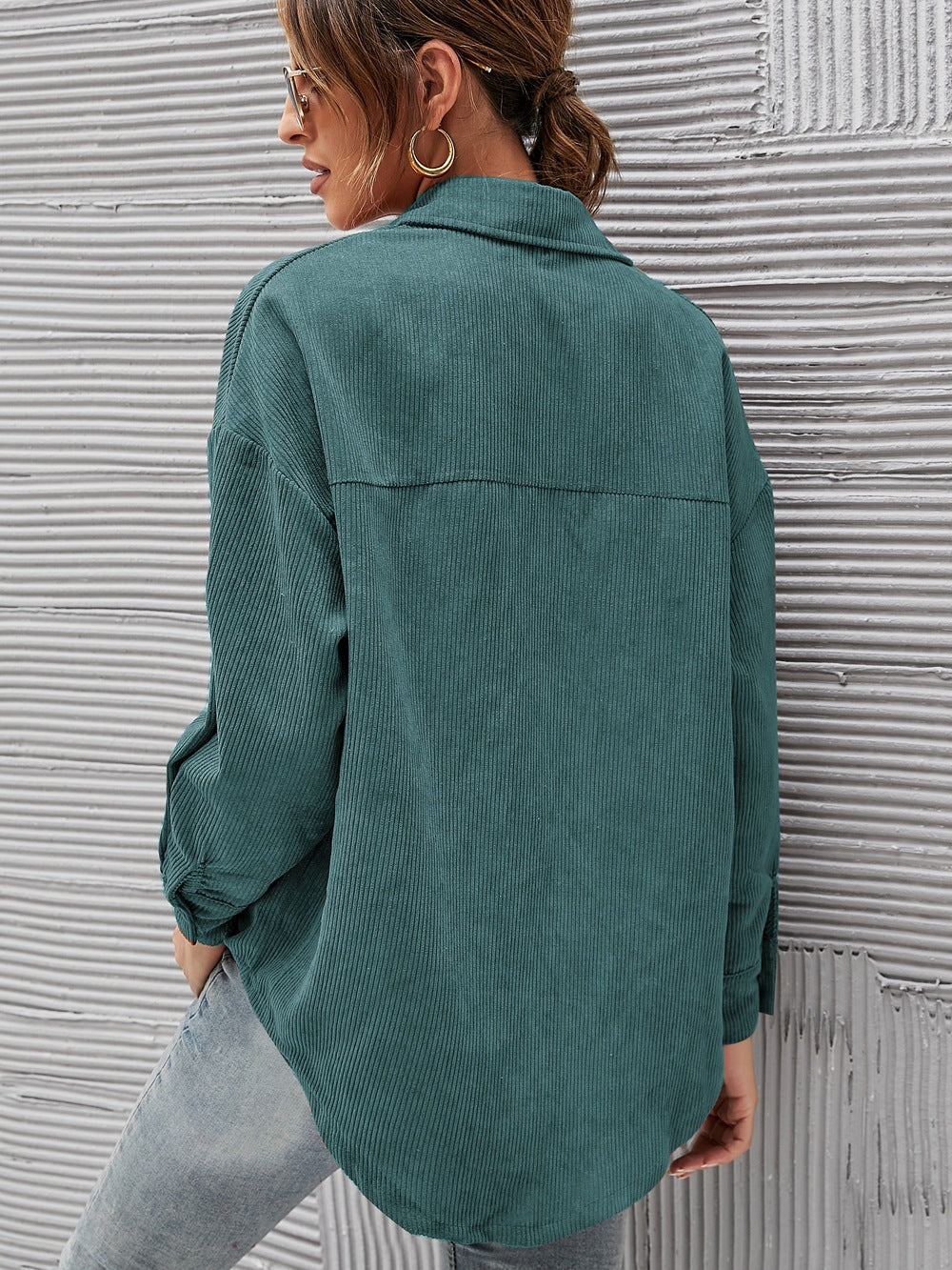 Oversized Corduroy Button-Down Shirt with Chest Pocket