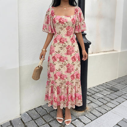 Floral Square Neck Maxi Dress Flutter Sleeve Cottagecore