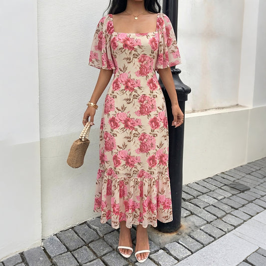 Floral Square Neck Maxi Dress Flutter Sleeve Cottagecore