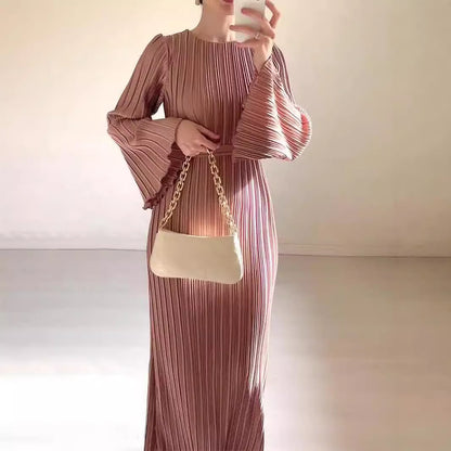 Pleated Bell Sleeve Maxi Dress Elegant Solid Flowy Mesh