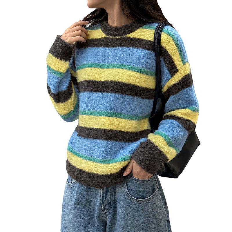 Fuzzy Striped Oversized Crew Neck Sweater Women