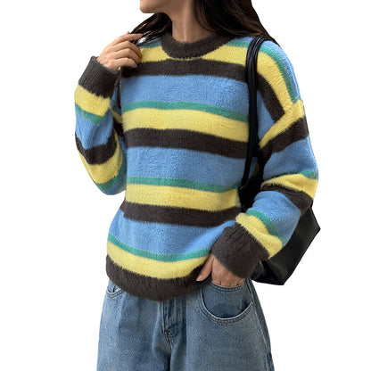 Fuzzy Striped Oversized Crew Neck Sweater Women