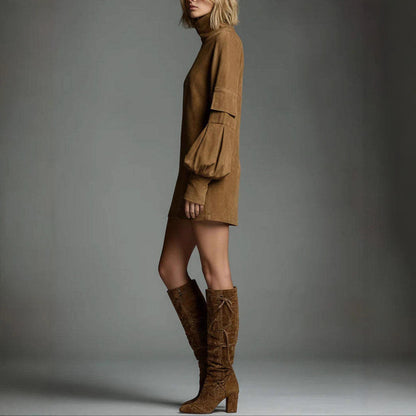 Suede Mock Neck Long Sleeve Mini Dress with Pockets