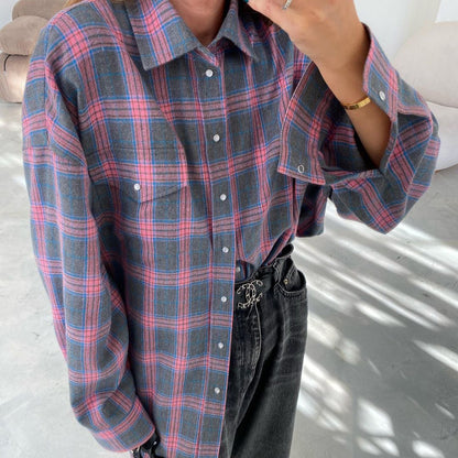 Oversized Plaid Button Up Shirt Long Sleeve Pocket Top