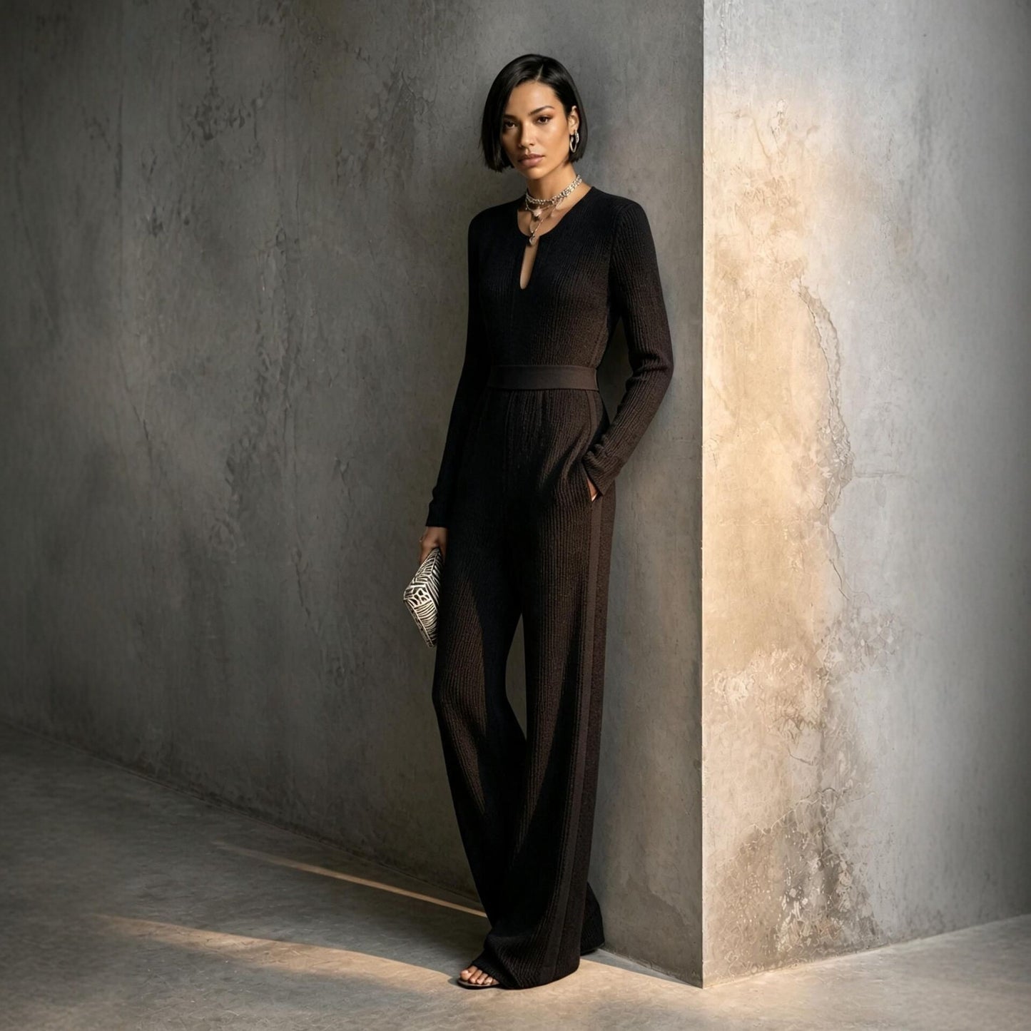 Women's Ribbed Knit V-Neck Zipper Wide Leg Jumpsuit