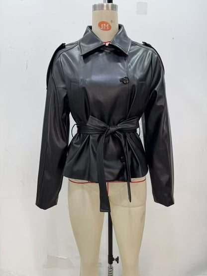 Women's Faux Leather Belted Cropped Lapel Jacket
