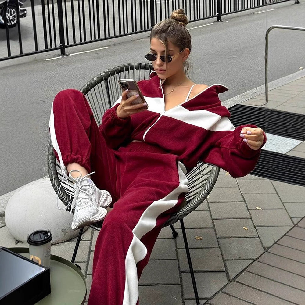 Womens Color Block Zip Up Tracksuit 2 Piece Set