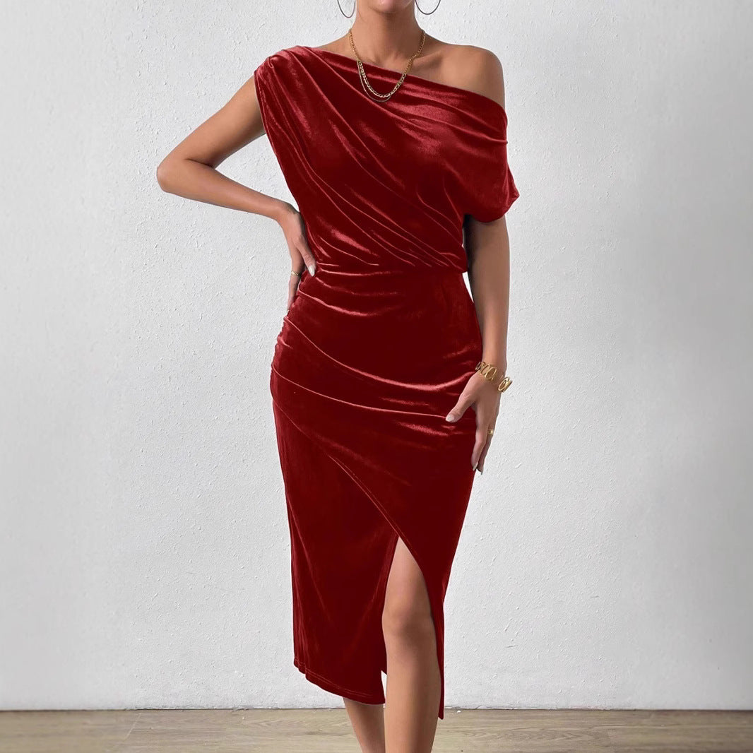 One Shoulder Velvet Midi Dress Ruched Asymmetrical Hem