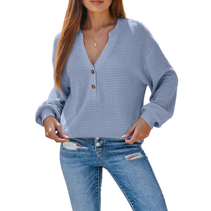 Women's Waffle Knit Long Sleeve Henley Top