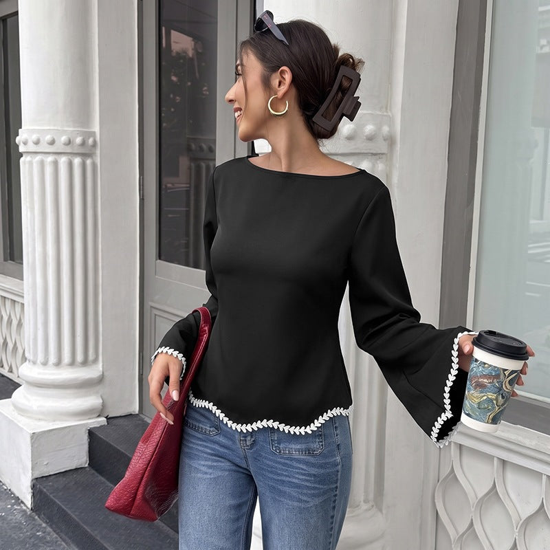 Contrast Lace Trim Boat Neck Flare Sleeve Top