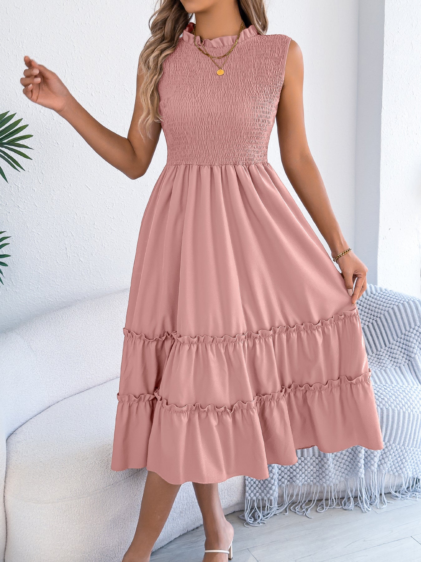 Smocked Sleeveless Midi Dress Tiered Ruffle Summer