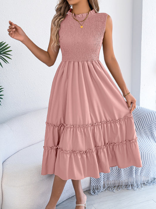 Smocked Sleeveless Midi Dress Tiered Ruffle Summer
