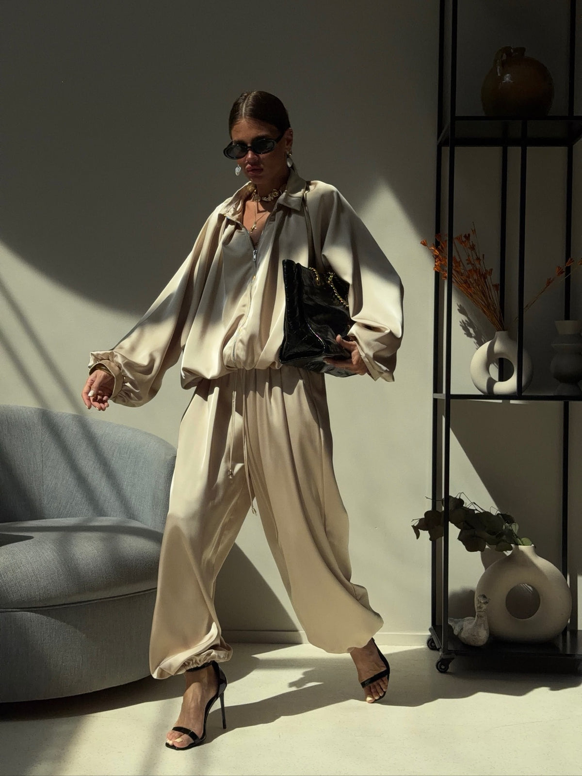 Women's Satin Batwing Zip-Up Two-Piece Jogger Set