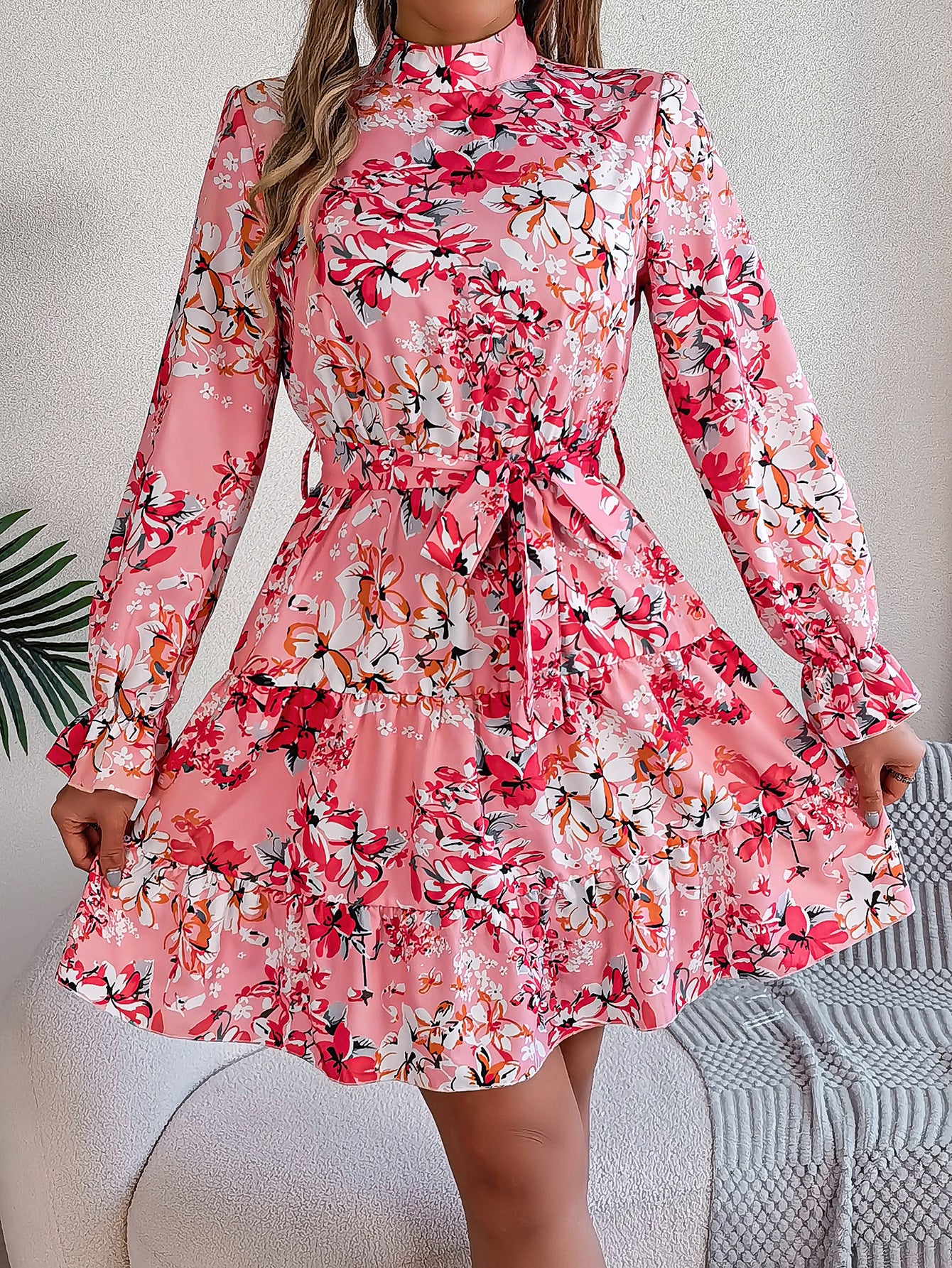 Elegant Floral High Neck Ruffle Waist A-Line Dress