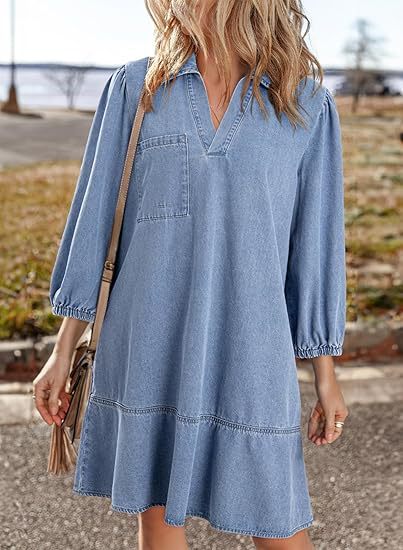 Women's V-Neck Denim Dress Puff Sleeve Tiered Jean Dress