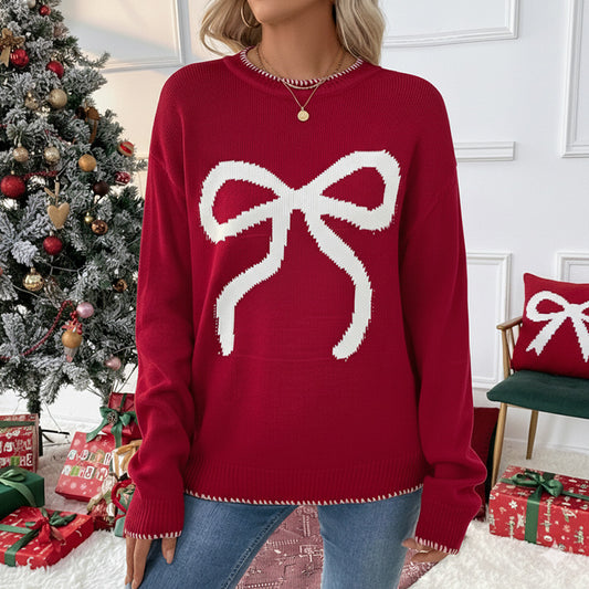 Christmas Bow Knit Sweater Oversized Holiday Pullover