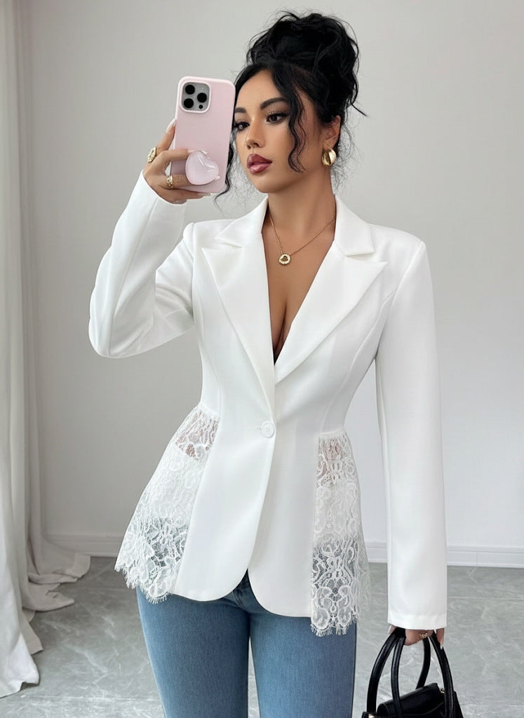 Colorblock Lace Waist Fitted A-Line Blazer for Women