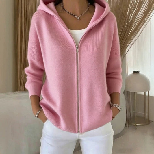 Hooded Zip Up Knit Cardigan with Drop Shoulders