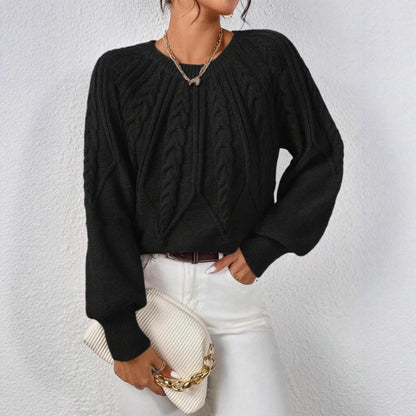 Women's Cable Knit Balloon Sleeve Crew Neck Sweater