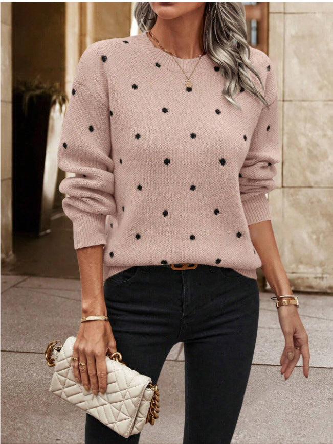 Women's Polka Dot Crew Neck Long Sleeve Sweater