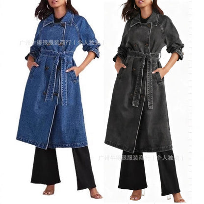Womens Long Denim Trench Coat Oversized Vintage Jacket