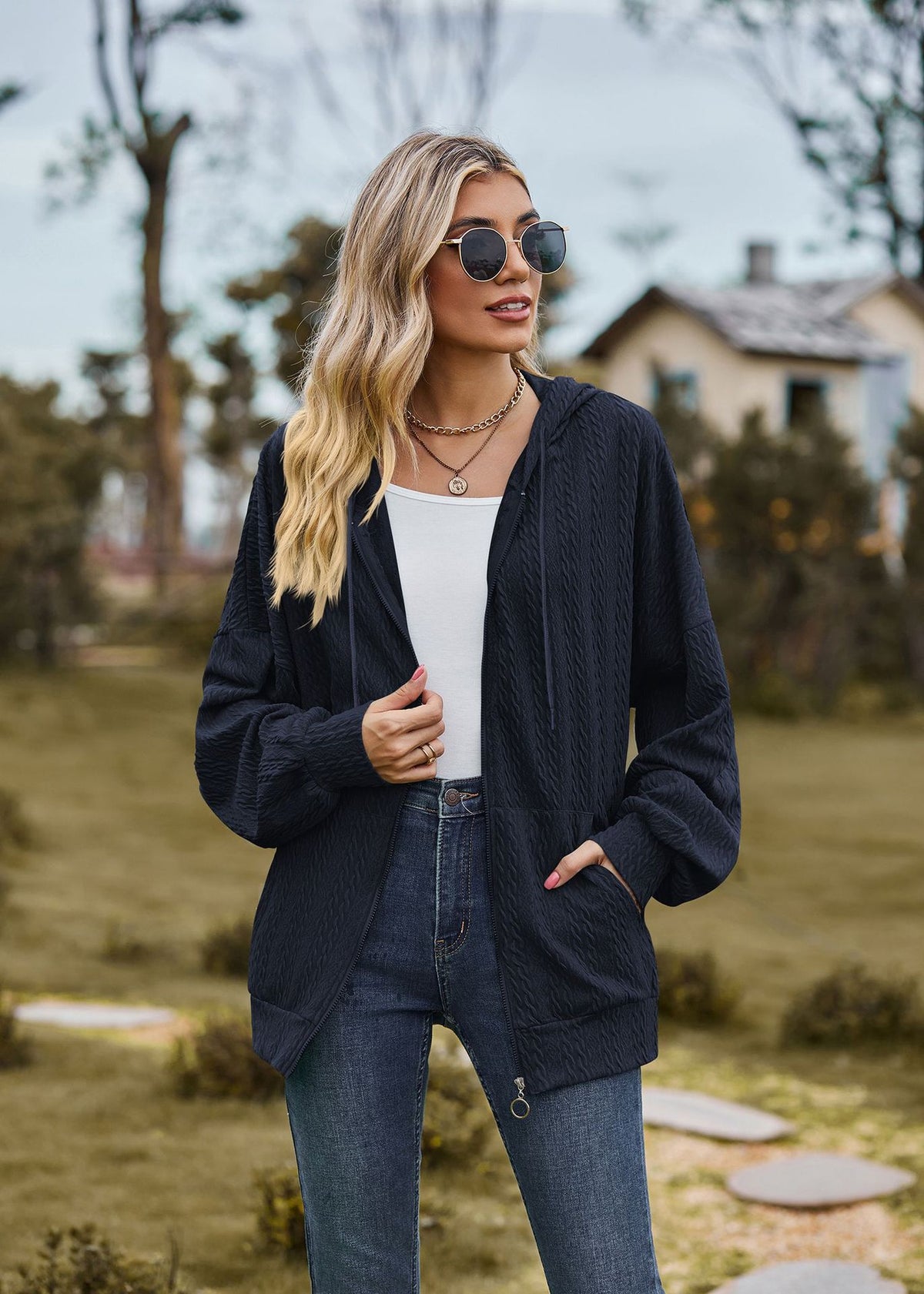 Oversized Textured Zip-Up Hoodie Jacket Pockets