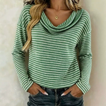 Women's Cowl Neck Striped Long Sleeve Knit Sweater