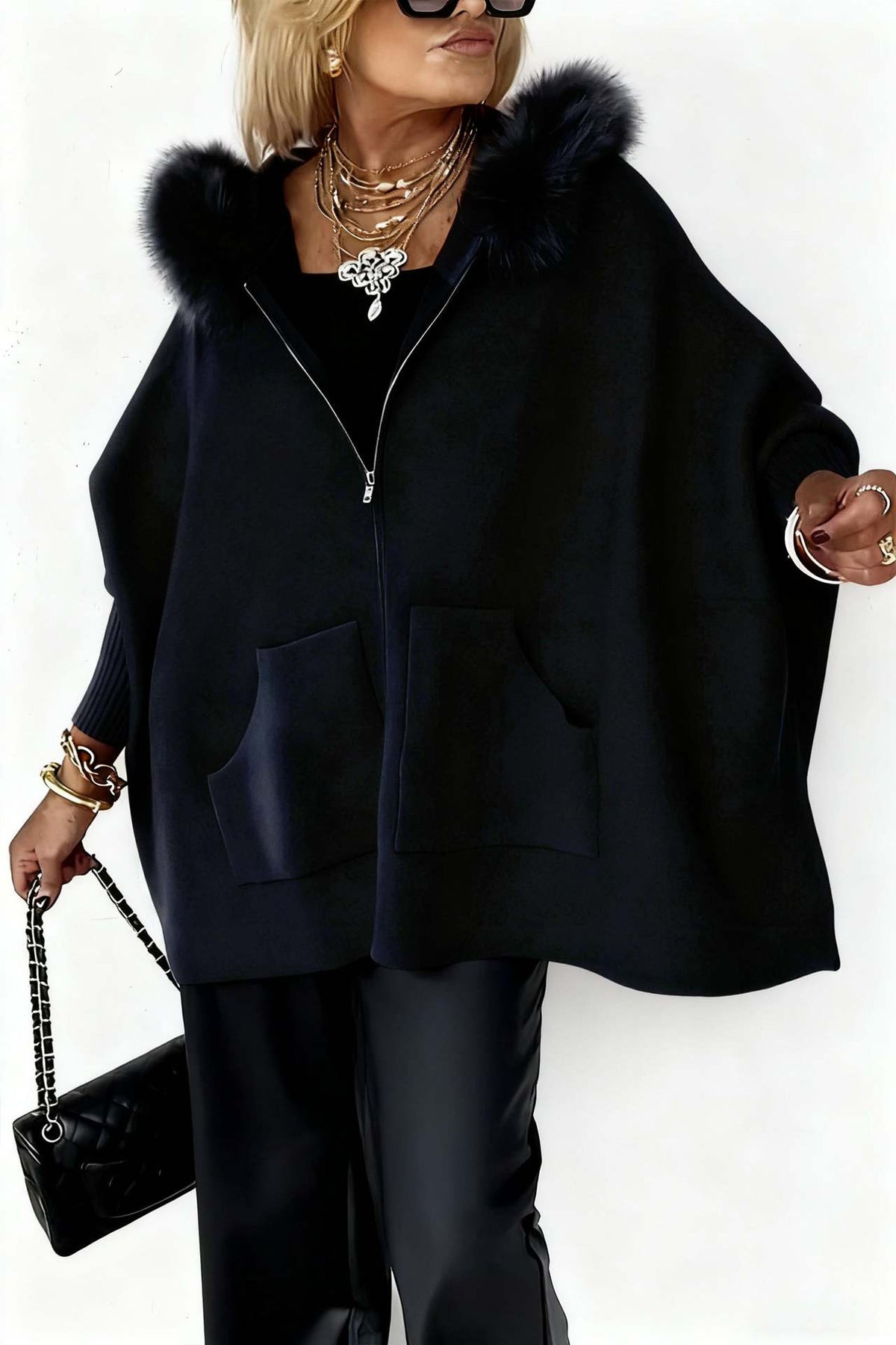 Oversized Faux Fur Hood Zip Up Knit Cardigan Pockets