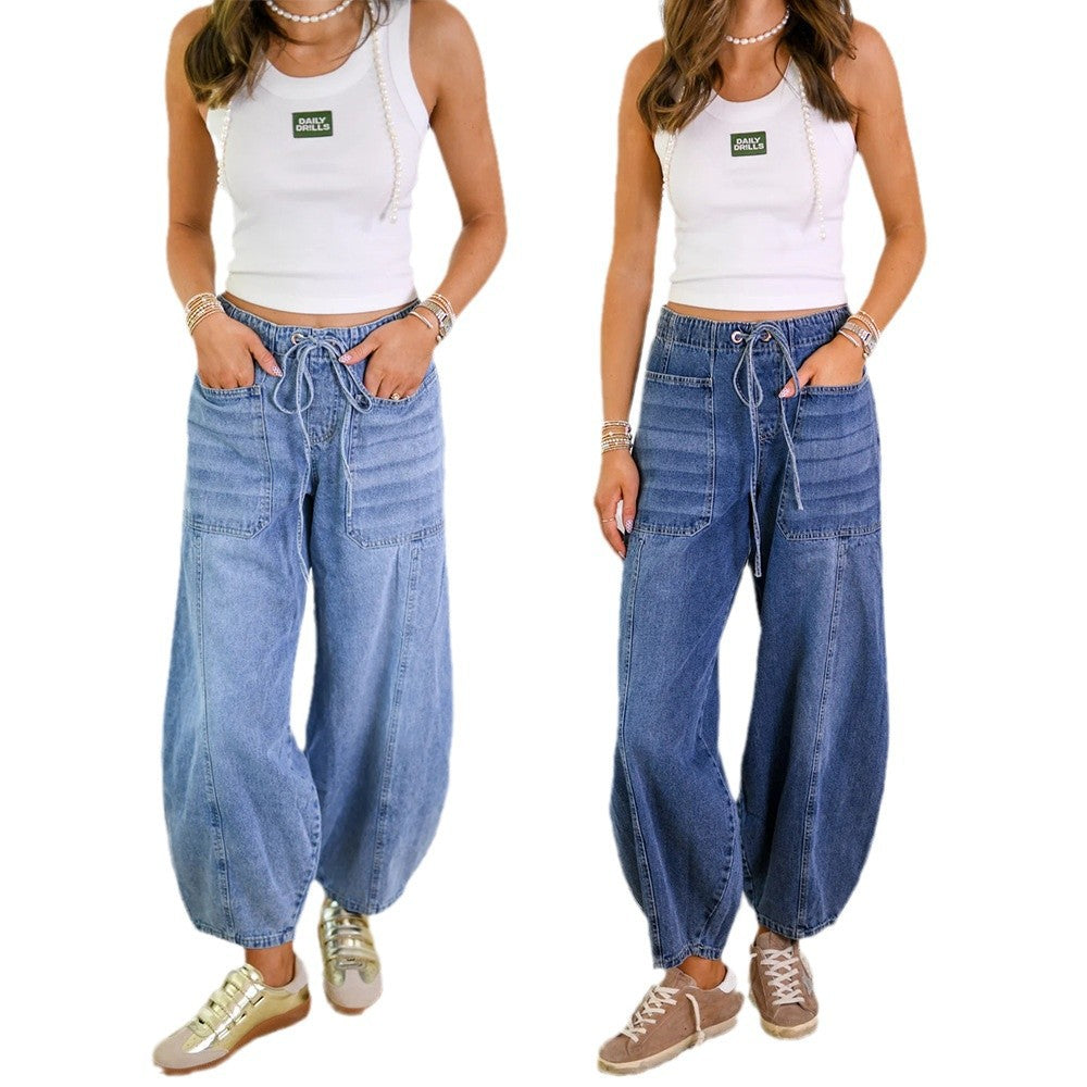Women's Barrel Cargo Jeans Drawstring Vintage Wash