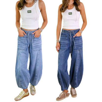 Women's Barrel Cargo Jeans Drawstring Vintage Wash