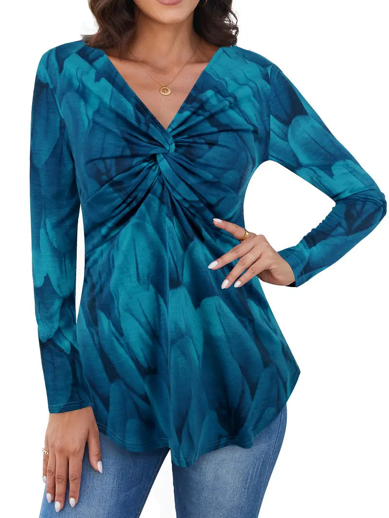 Women's Twist Front V-Neck Long Sleeve Printed Top
