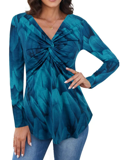 Women's Twist Front V-Neck Long Sleeve Printed Top