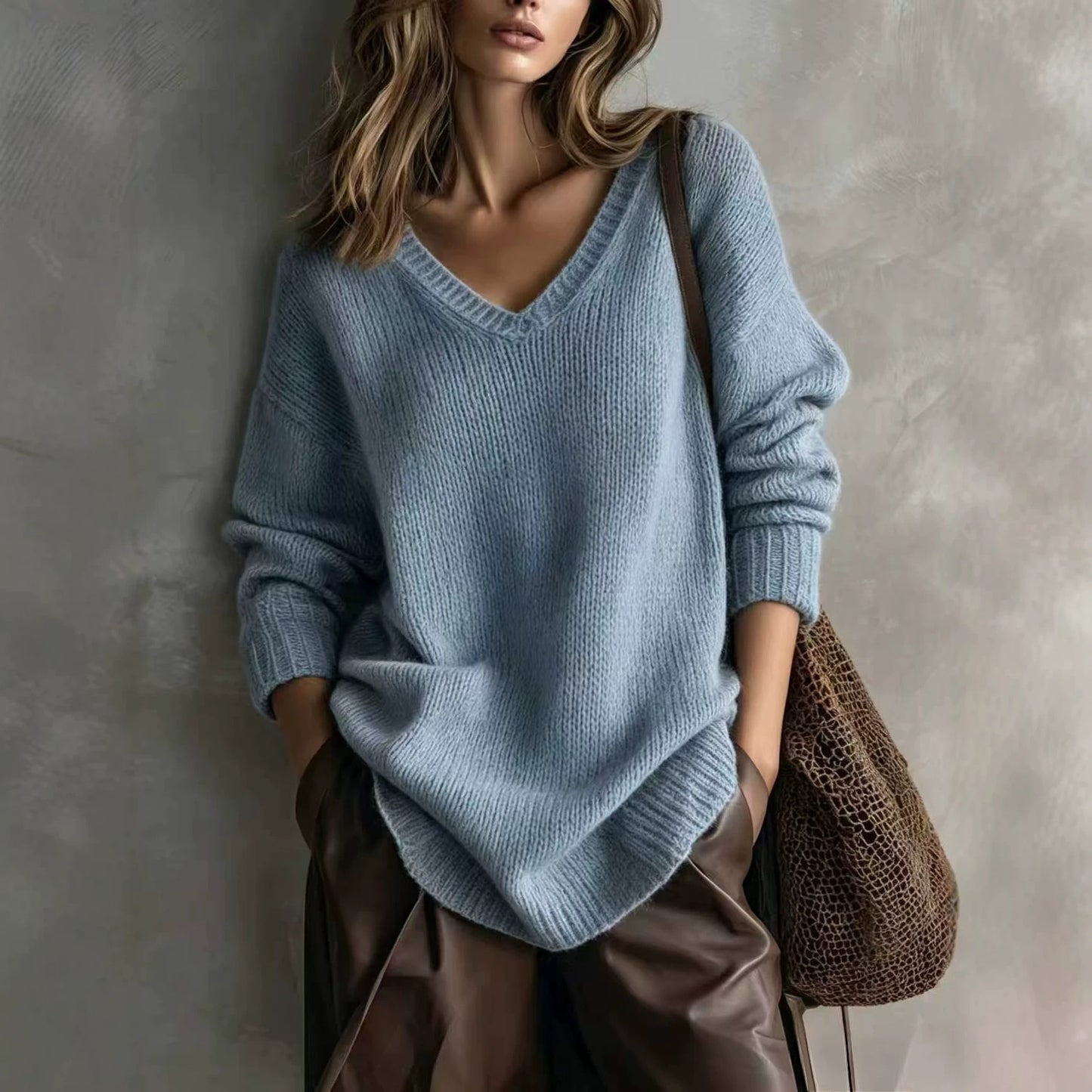 Women's V-Neck Knit Pullover Sweater Long Sleeve Casual