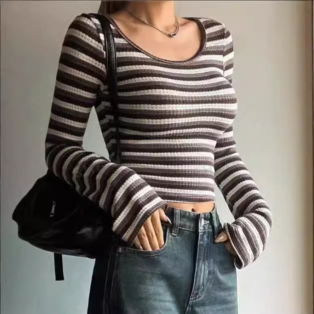 Y2K Striped Fitted Long Sleeve Crop Top T-Shirt