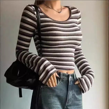 Y2K Striped Fitted Long Sleeve Crop Top T-Shirt