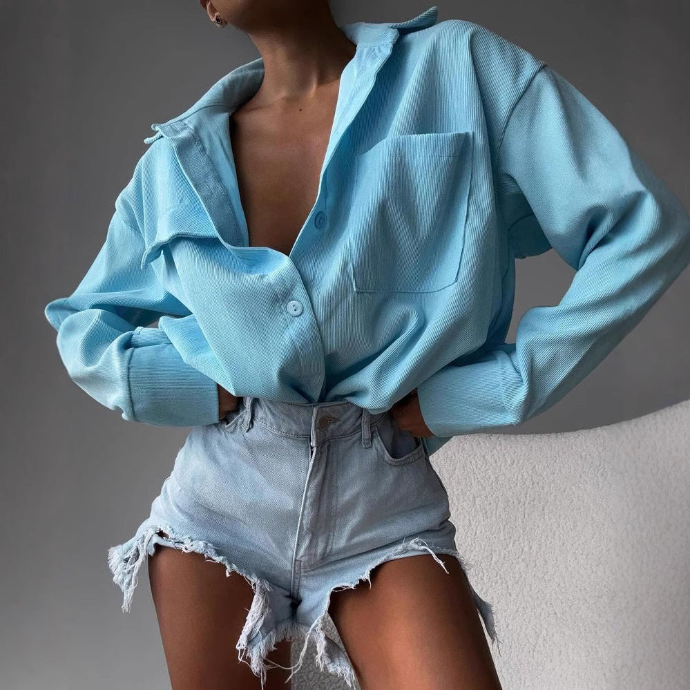 Oversized Button Down Shirt Long Sleeve Collared Pocket Top