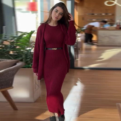 Women's Ribbed Knit Maxi Dress & Cardigan Belted Set