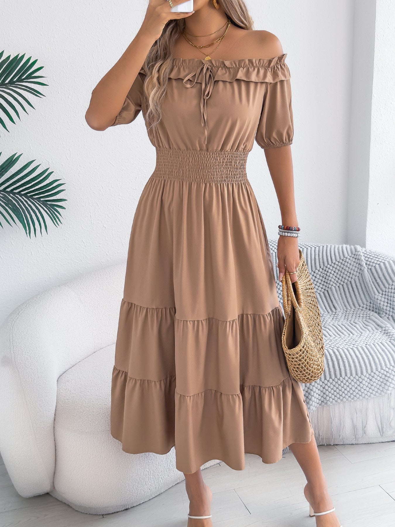 Off Shoulder Smocked Waist Maxi Dress Ruffle Sleeve