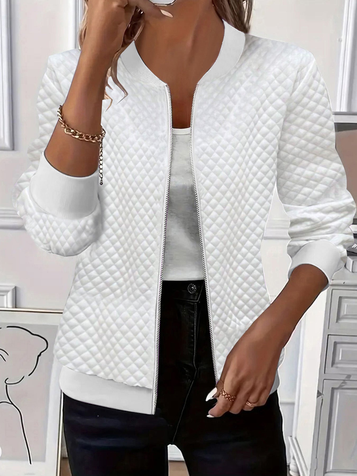 Women Quilted Zip Up Jacket Casual Lightweight Long Sleeve