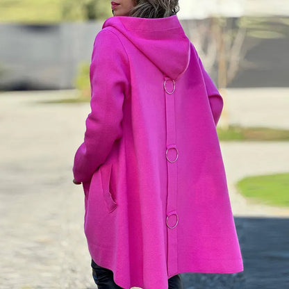 Women's Hooded Wool Coat Oversized Button Front Mid Length