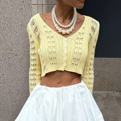 Women's Crochet Crop Cardigan V-Neck Bell Sleeve Top