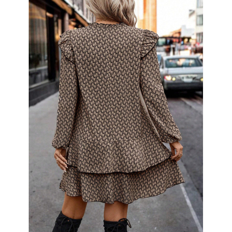 Tie Neck Long Sleeve Tiered A-Line Mini Dress