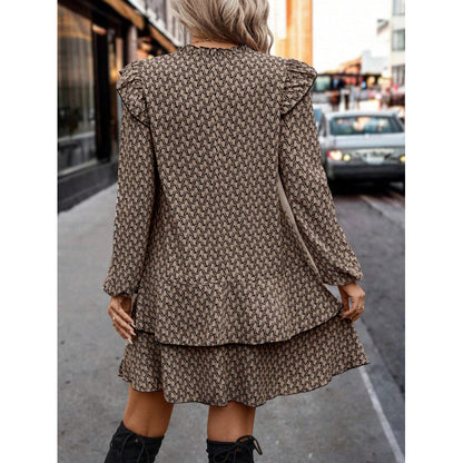 Tie Neck Long Sleeve Tiered A-Line Mini Dress