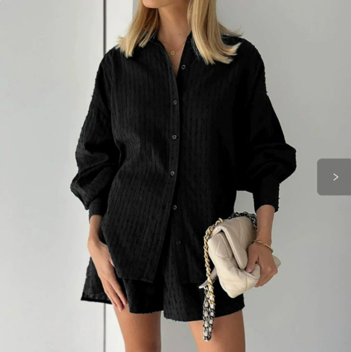Women's Cotton Jacquard Shirt and Shorts Two Piece Set